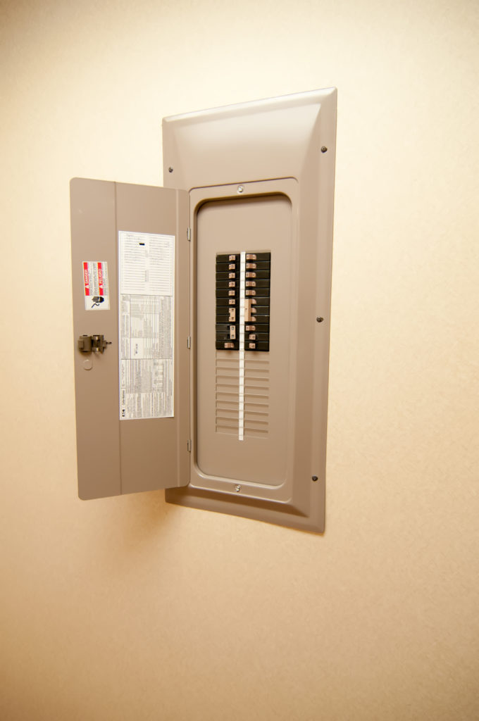 indoor home open electrical breaker panel